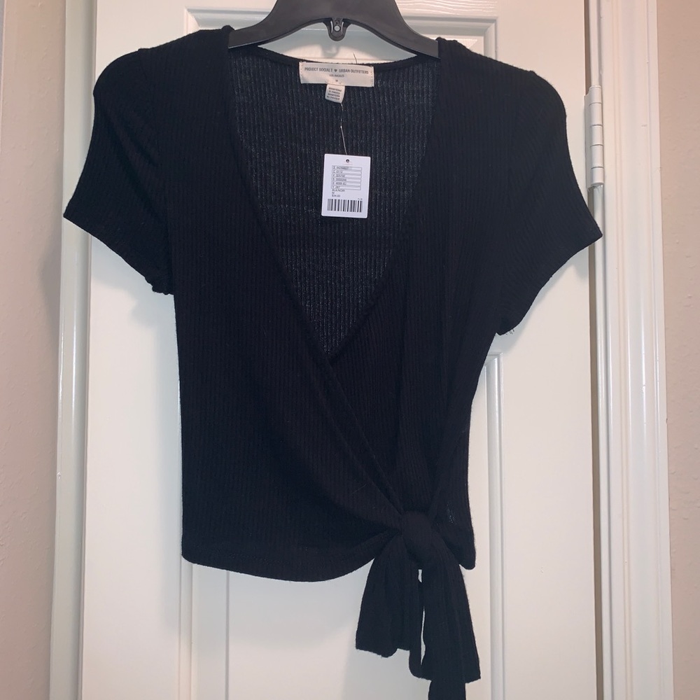 Black wrap tie front top